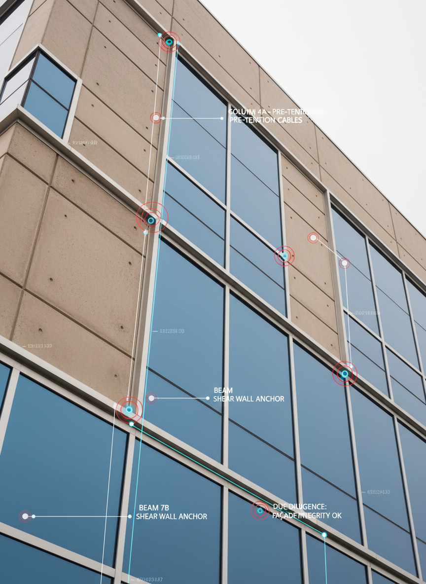 A close-up, highly detailed view of a modern commercial building façade in Mexico, showing textured concrete panels, reflective glass curtain walls, and precisely aligned metal expansion joints. Small colored inspection tags are affixed near critical junctions, and a transparent overlay highlights structural points of interest and due diligence notes. Soft overcast daylight provides diffused, even lighting that reveals every surface detail without harsh contrast. The mood is technical, objective, and trustworthy, emphasizing thorough inspection. Framed in a vertical, slightly upward perspective to showcase multiple stories, with sharp focus across the entire frame in photographic realism. The composition isolates the building from its surroundings, creating a clean, minimalist background that underscores precision in technical real estate assessments.