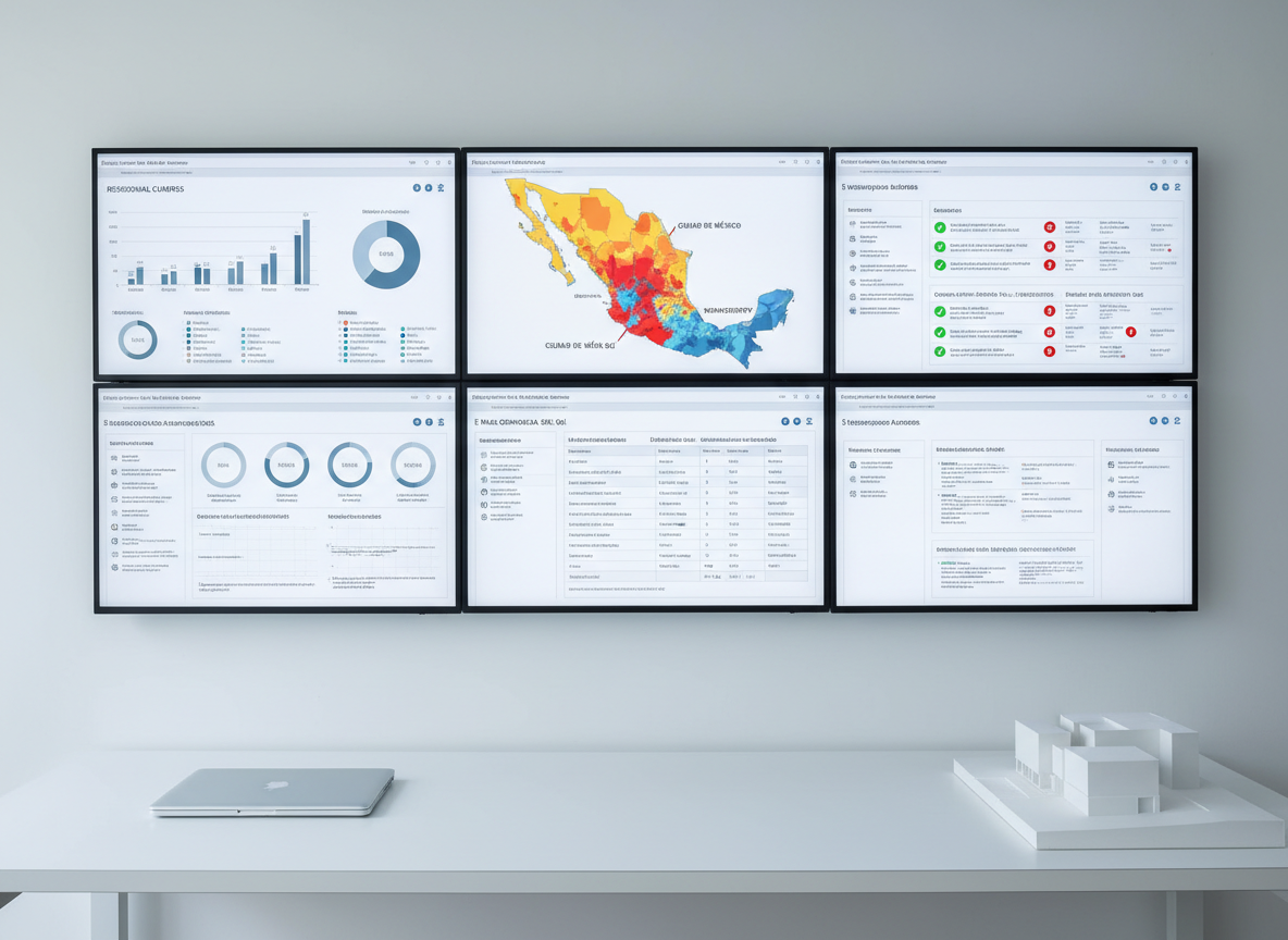 A meticulously organized wall of property management dashboards displayed on multiple large, ultra-thin monitors mounted above a minimalist white desk. Each screen shows realistic charts, maintenance schedules, occupancy heatmaps, and compliance alerts for residential and commercial properties across Mexico. The desk holds only a closed silver laptop and a small architectural scale model of a mixed-use building in matte white material. Cool, even studio lighting creates a calm, controlled environment with minimal shadows. The mood is highly professional, data-centric, and efficient. Shot from a slightly elevated frontal angle in photographic realism, the composition uses strong horizontal and vertical lines, with crisp focus on the monitors, representing advanced technical property management and proactive oversight.