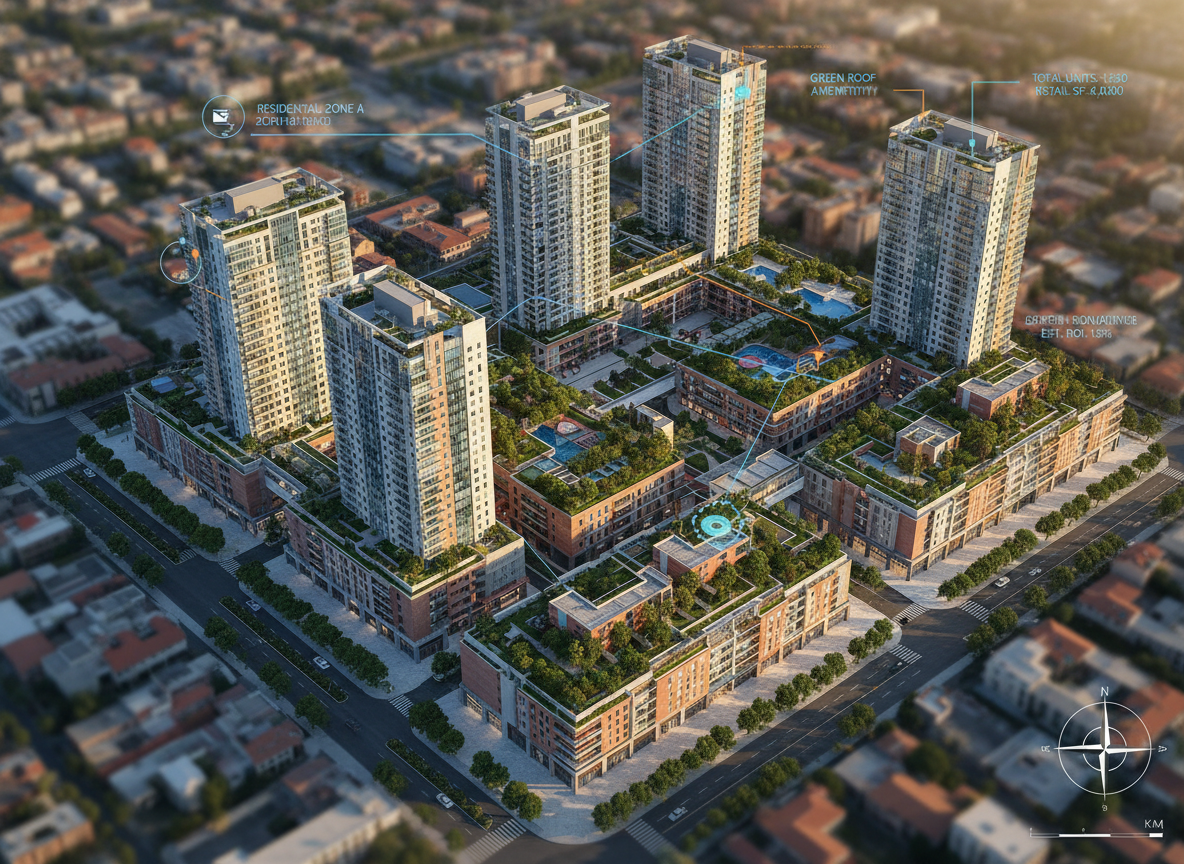 An expansive aerial photographic view of a modern mixed-use development in Mexico, with clearly defined residential towers, commercial plazas, and green rooftop terraces, all overlaid with semi-transparent technical annotations and zoning outlines. The buildings are rendered in realistic concrete, glass, and warm stone tones, surrounded by orderly streets and well-marked parking areas. Golden hour sunlight casts long, precise shadows, emphasizing structure and geometry. The atmosphere is analytical yet optimistic, suggesting careful planning and investment security. Captured from a high bird’s-eye perspective with sharp focus throughout, the composition centers the development while the surrounding urban fabric gradually softens. The style is clean, corporate, and data-driven, ideal for illustrating real estate due diligence and strategic property evaluation.